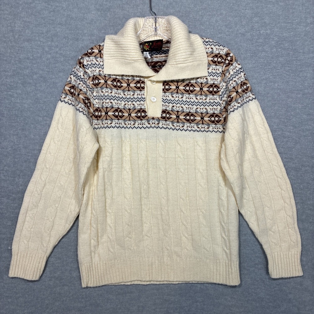 Vtg Jersild Womens M Acrylic Sweater Cream Cream Fair Isle Collar 100% Wintuk
